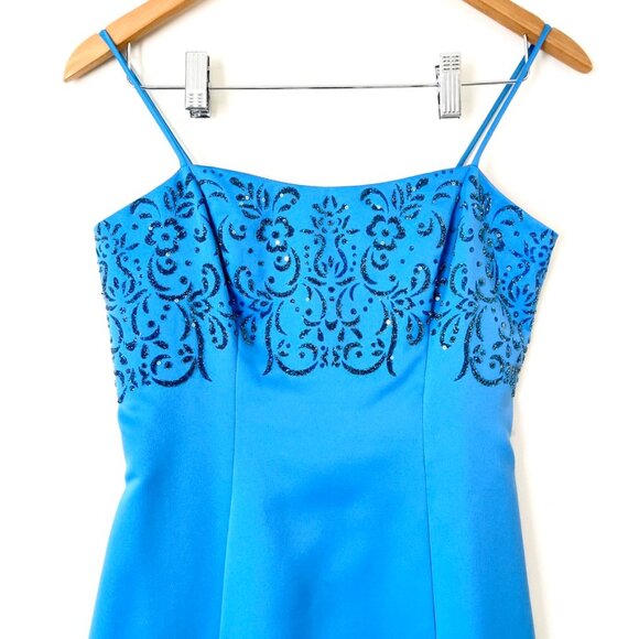 Jump Apparel Vintage 90s Y2K Satin Blue Sequin Glitter Maxi Prom Party Dress S/M - Picture 3 of 12